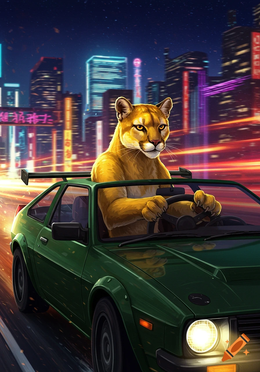 A yellow puma drives a green car through a neon-lit cyberpunk city at night.