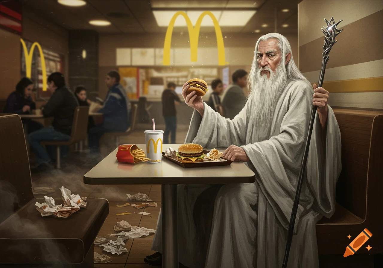 An illustration of an elderly wizard, resembling Saruman or Gandalf, eating a burger and fries at a McDonald's restaurant. He holds a staff in one hand and a burger in the other, sitting at a table with McDonald's food. Used napkins litter the floor and nearby seat.