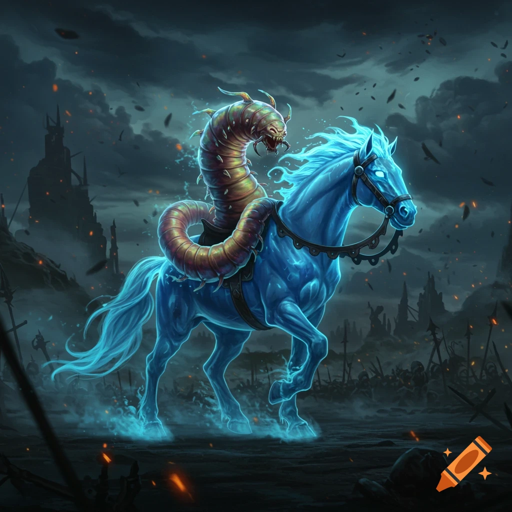 A glowing blue spectral horse is ridden by a monstrous segmented worm creature on a dark, stormy battlefield with ruined structures.