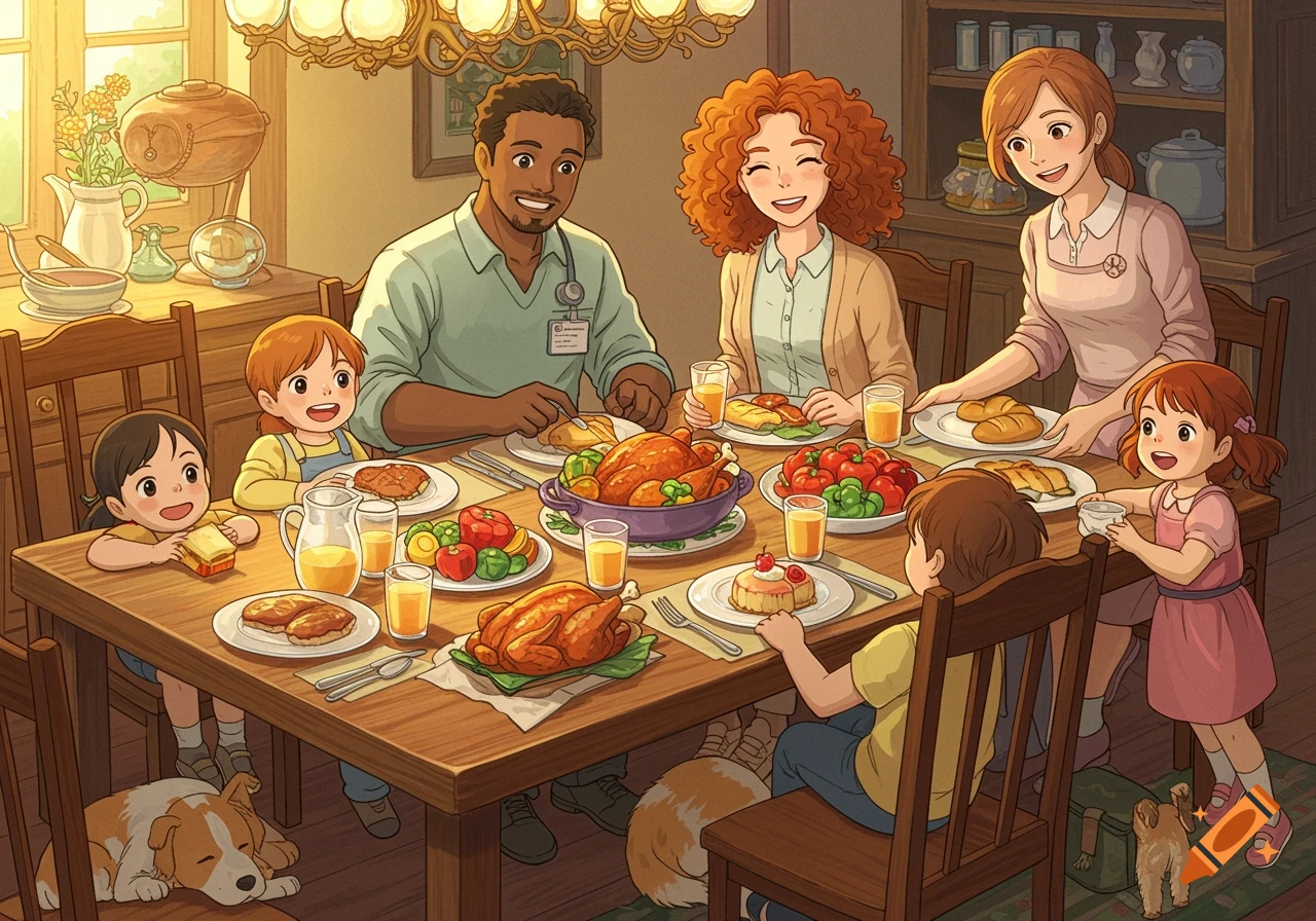 A heartwarming Studio Ghibli-style illustration of a diverse family enjoying a lively dinner around a cozy table with turkeys and a dog.