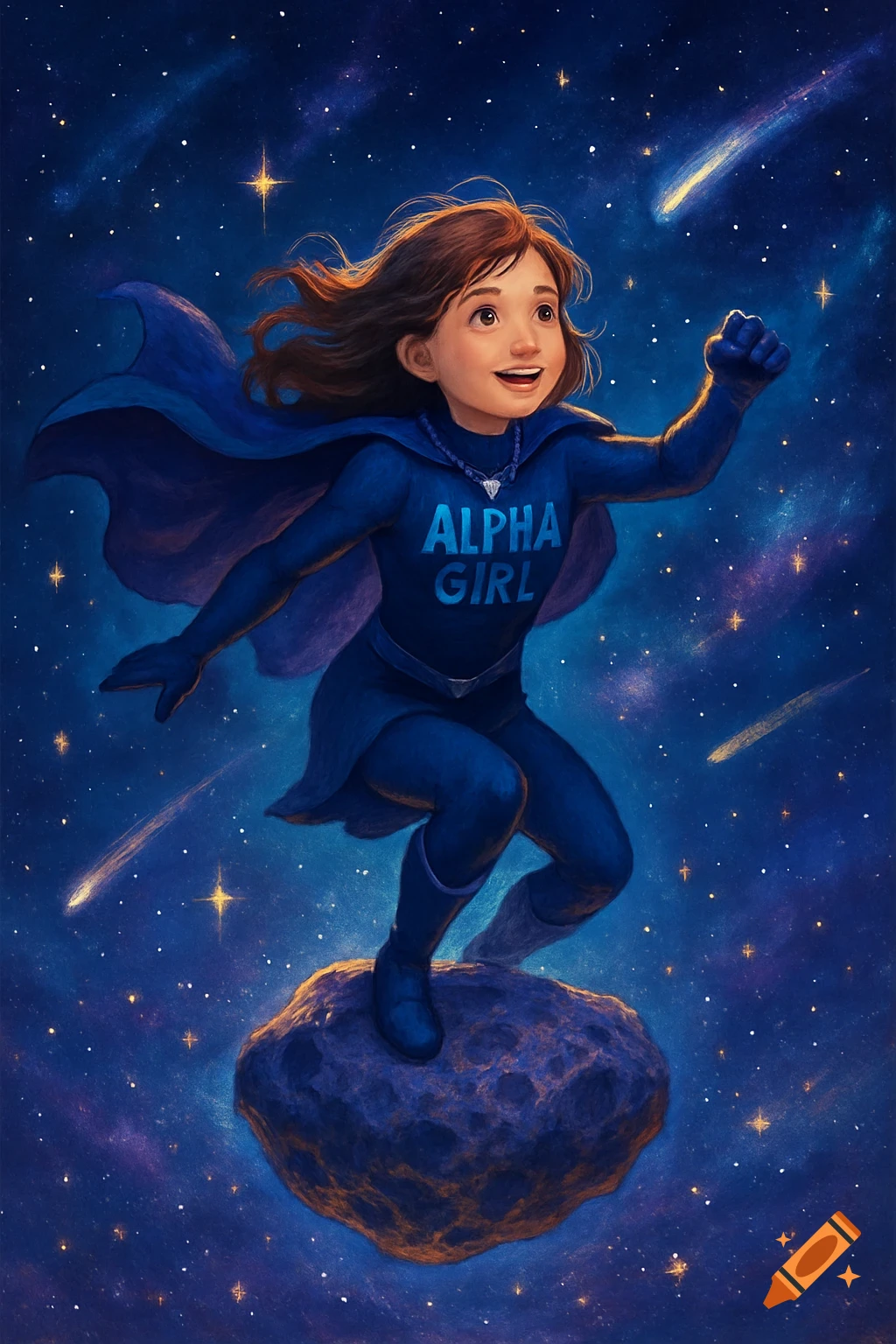 A superhero girl in a blue costume with 'ALPHA GIRL' on her chest flies through a starry space on an asteroid. Illustrated.