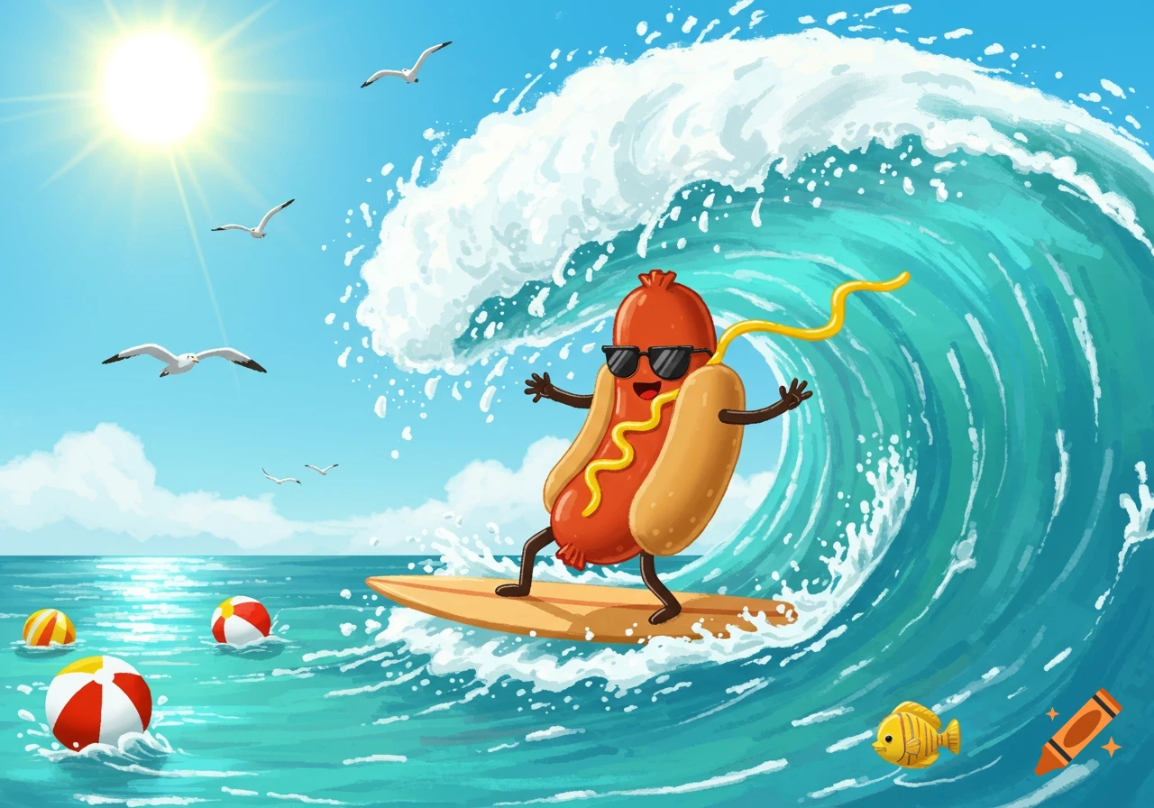 A cheerful cartoon hot dog in sunglasses surfs a big blue ocean wave on a sunny day with seagulls and beach balls.