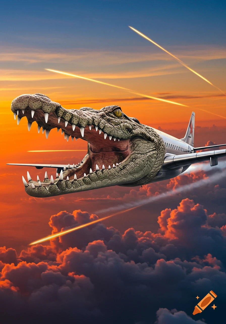 A large crocodile head attached to an airplane flies through a vibrant sunset sky with clouds and streaking lights.