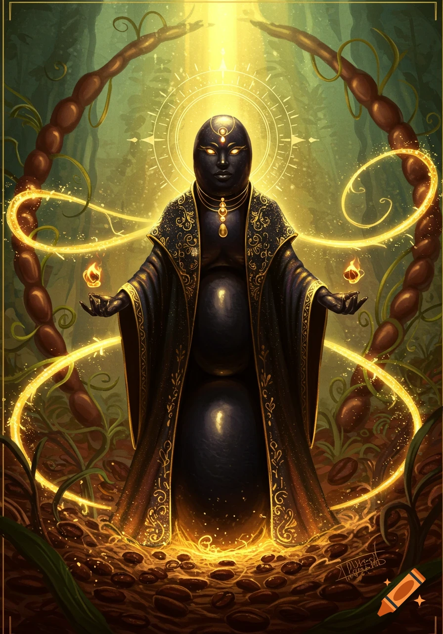 A dark, stylized goddess figure with a glowing halo and gold adornments, holding glowing orbs, surrounded by coffee beans and vines in a mystical forest.