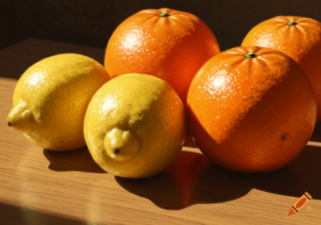 Painting of three oranges and two lemons on a wooden surface.