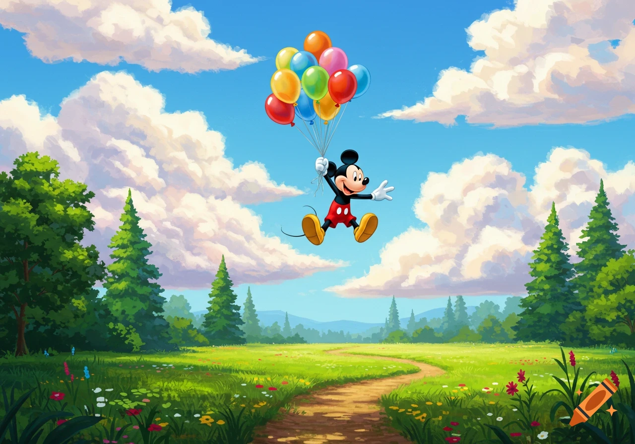 Mickey Mouse floats in a blue sky, holding colorful balloons, over a green field with trees and a winding dirt path.