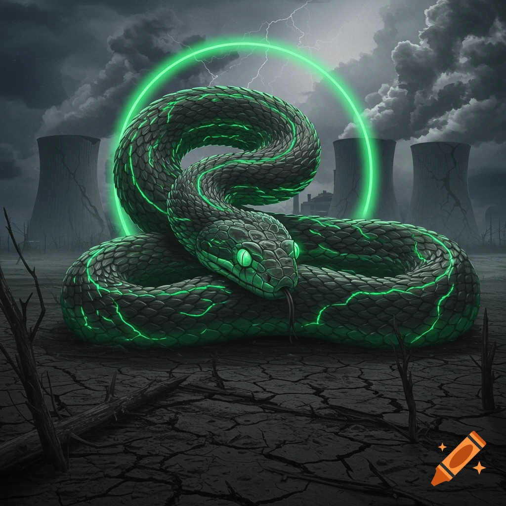 A large, dark green snake with glowing green patterns coiled on cracked earth, with nuclear cooling towers under a stormy, lightning-filled sky.