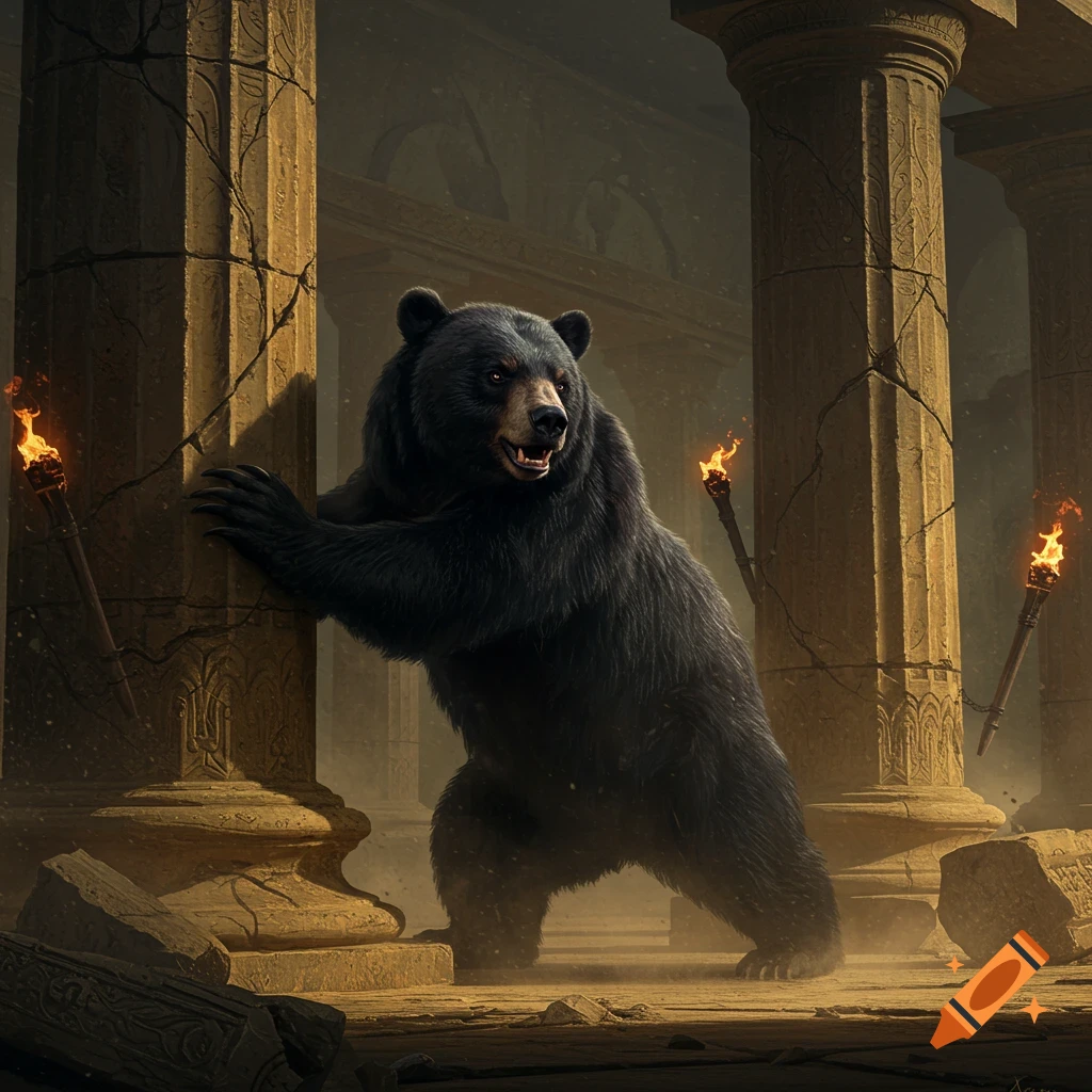 A black bear stands on its hind legs, pushing against two crumbling stone pillars in a dark, ruined temple illuminated by torches.