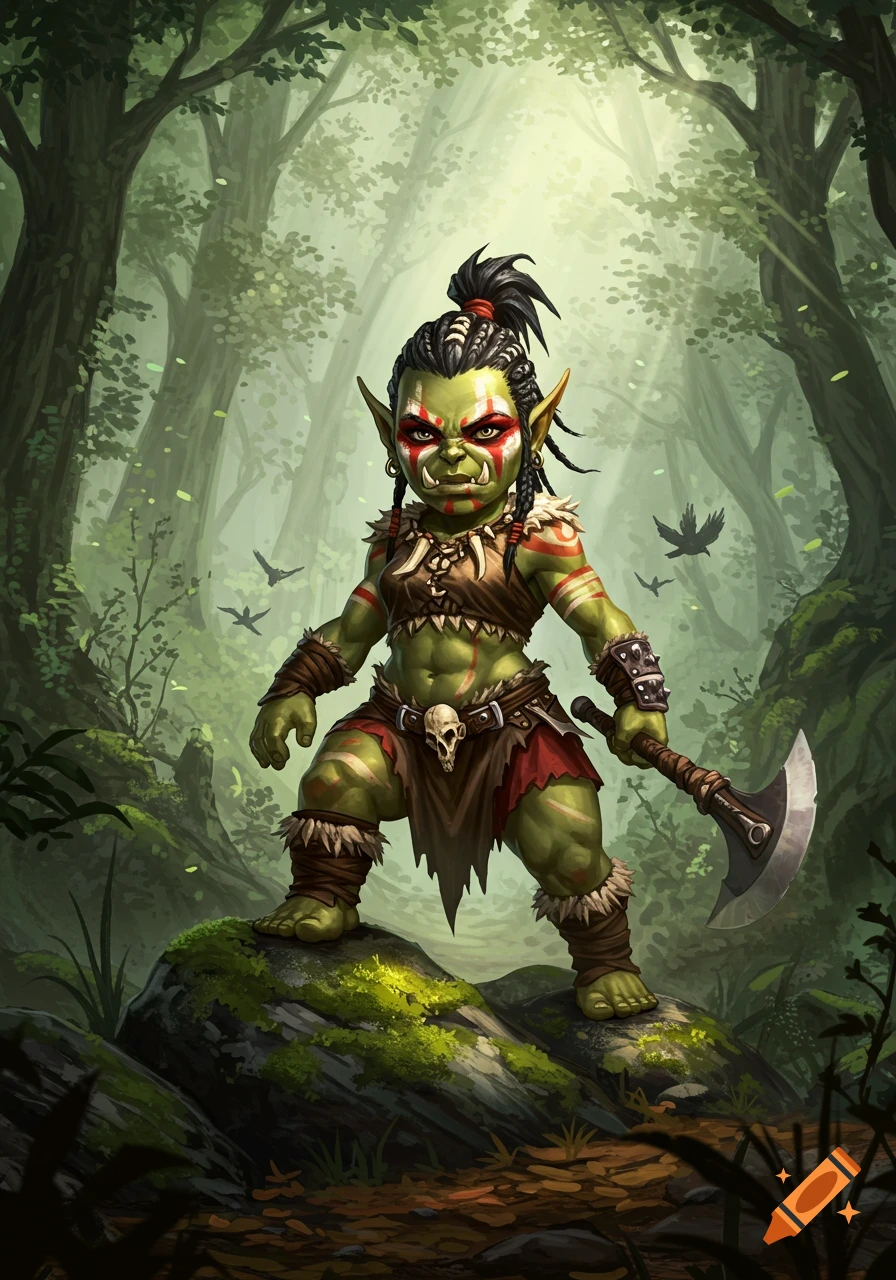 A tiny green-skinned female orc warrior with red war paint, holding an axe, stands on a mossy rock in a forest. Fantasy illustration.
