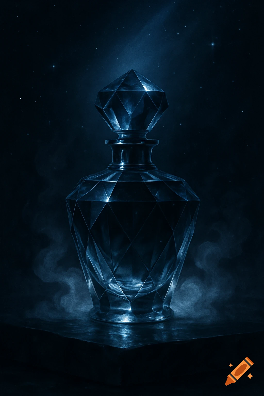A dark blue, faceted glass perfume bottle with a stopper sits on a surface with smoke and distant stars.