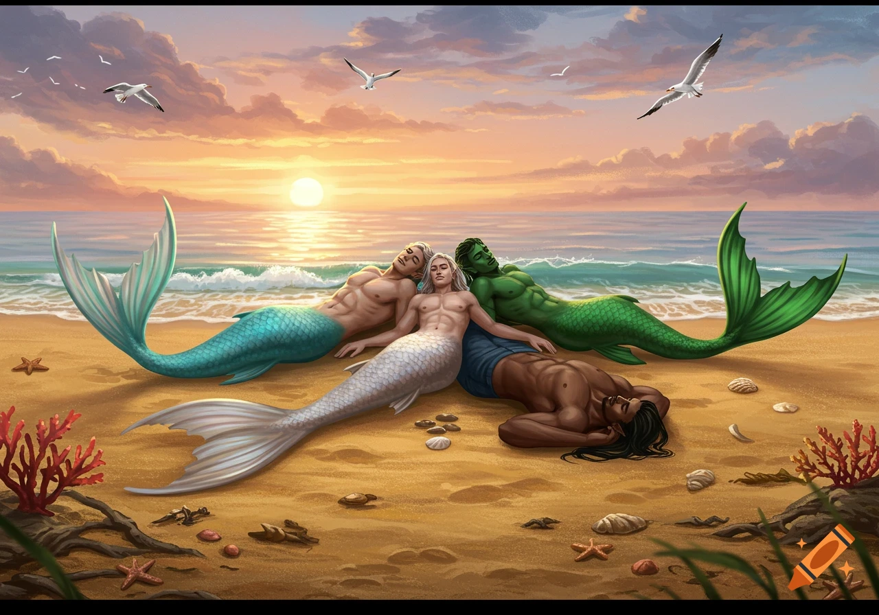 Three mermen with varying skin tones and colorful tails lie on a sandy beach by the ocean under a sunset sky, with seagulls flying above.