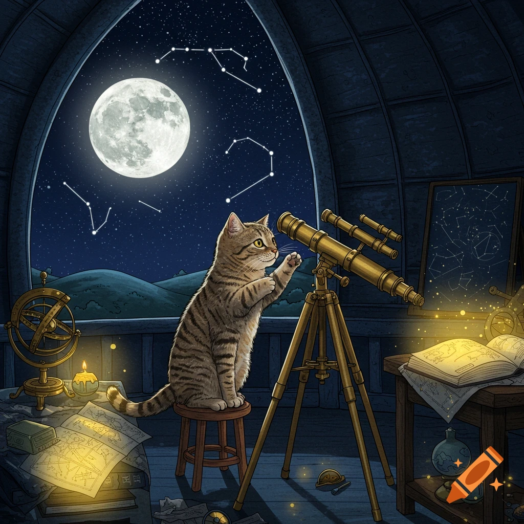 A tabby cat sits on a stool, looking through a brass telescope in an observatory at night, with a large full moon and constellations visible through the arched window.