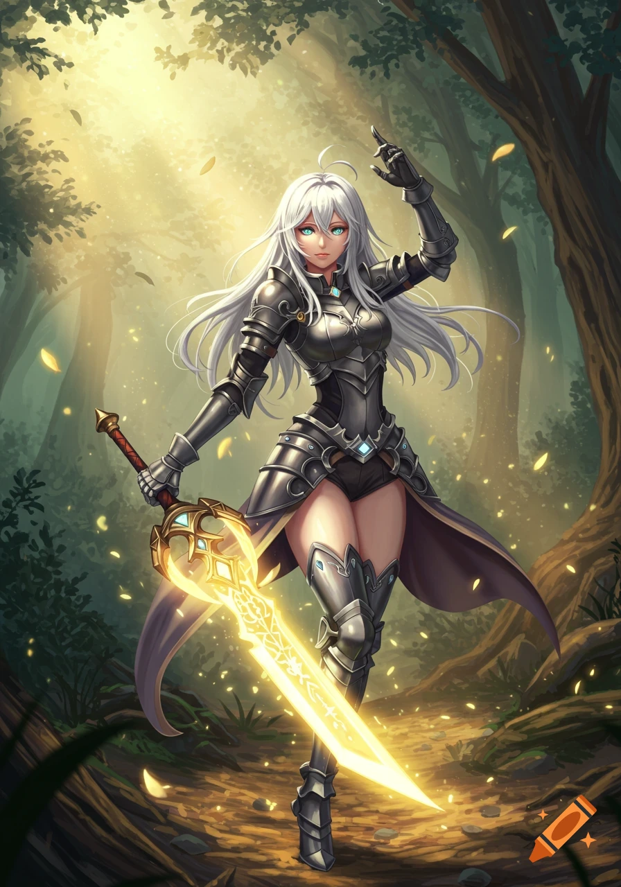 An anime female runeblader with white hair, wearing dark fantasy armor, holding a glowing golden sword in a sunlit forest.
