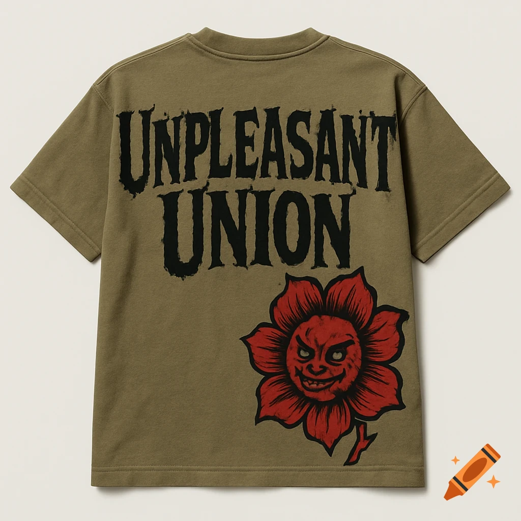 Back of a khaki t-shirt with 'UNPLEASANT UNION' in distressed black text and a red flower graphic with a grinning, demonic face.