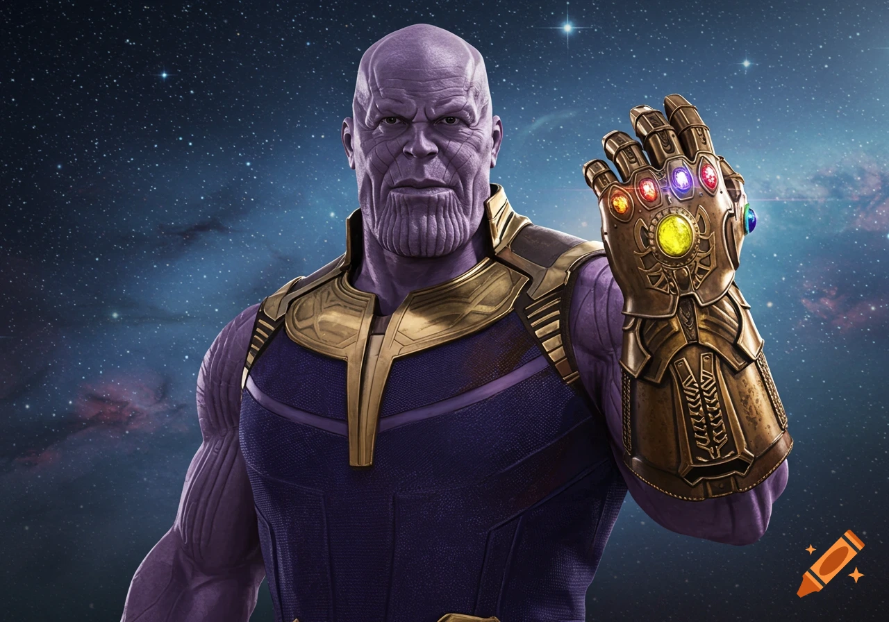 Thanos in gold armor and Infinity Gauntlet stands against a starry space background.