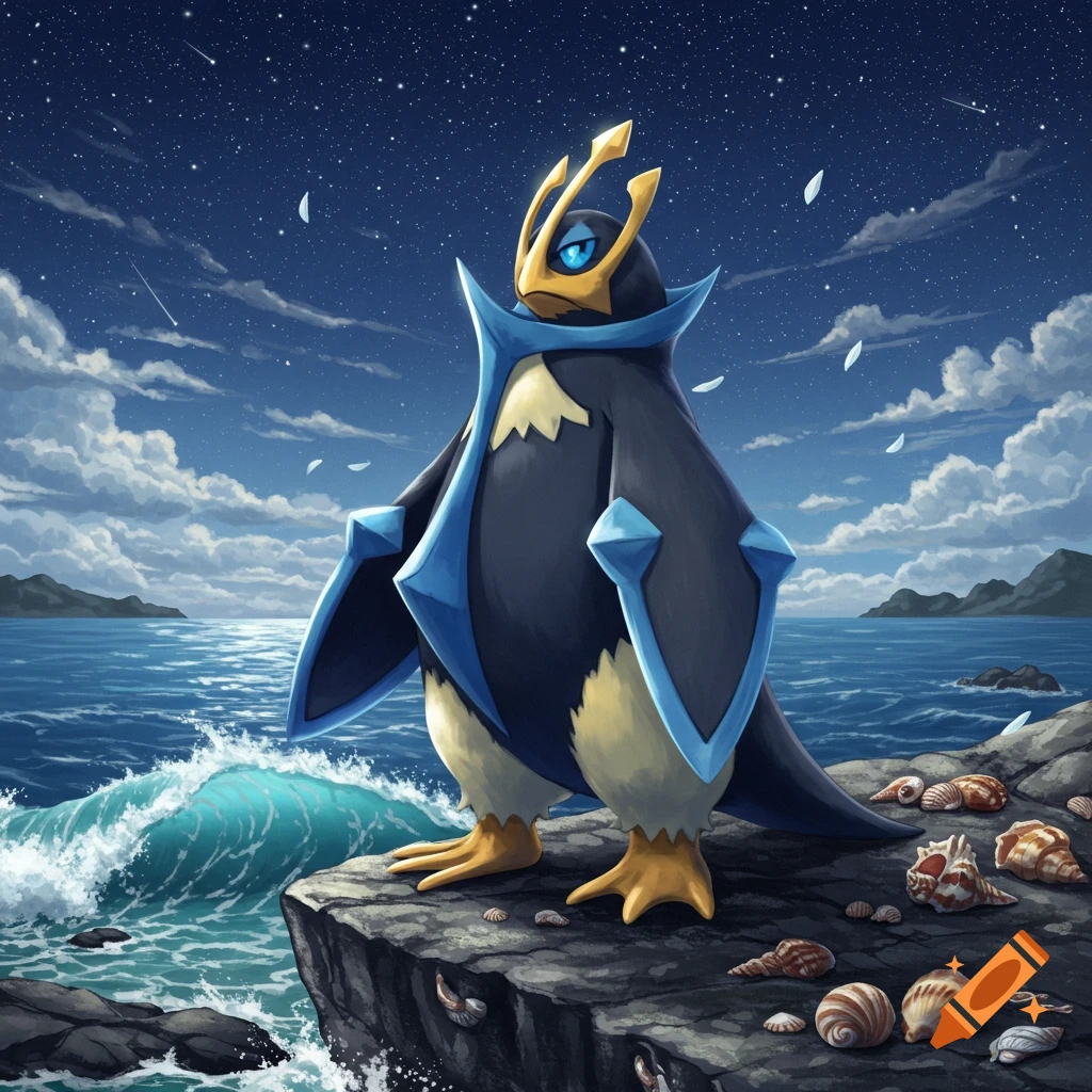 A large, majestic Empoleon, a penguin-like Pokemon, stands on a rocky cliff by the ocean under a starry night sky.
