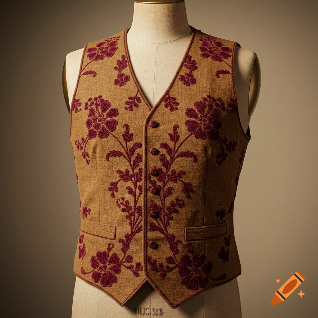 A brown vest with maroon floral patterns on a mannequin.