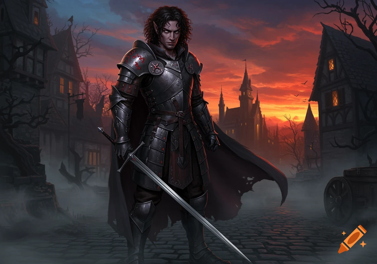 A dark fantasy male warrior with curly hair and pointy ears in black armor holding a sword, standing on a cobblestone street at sunset in a gothic town.