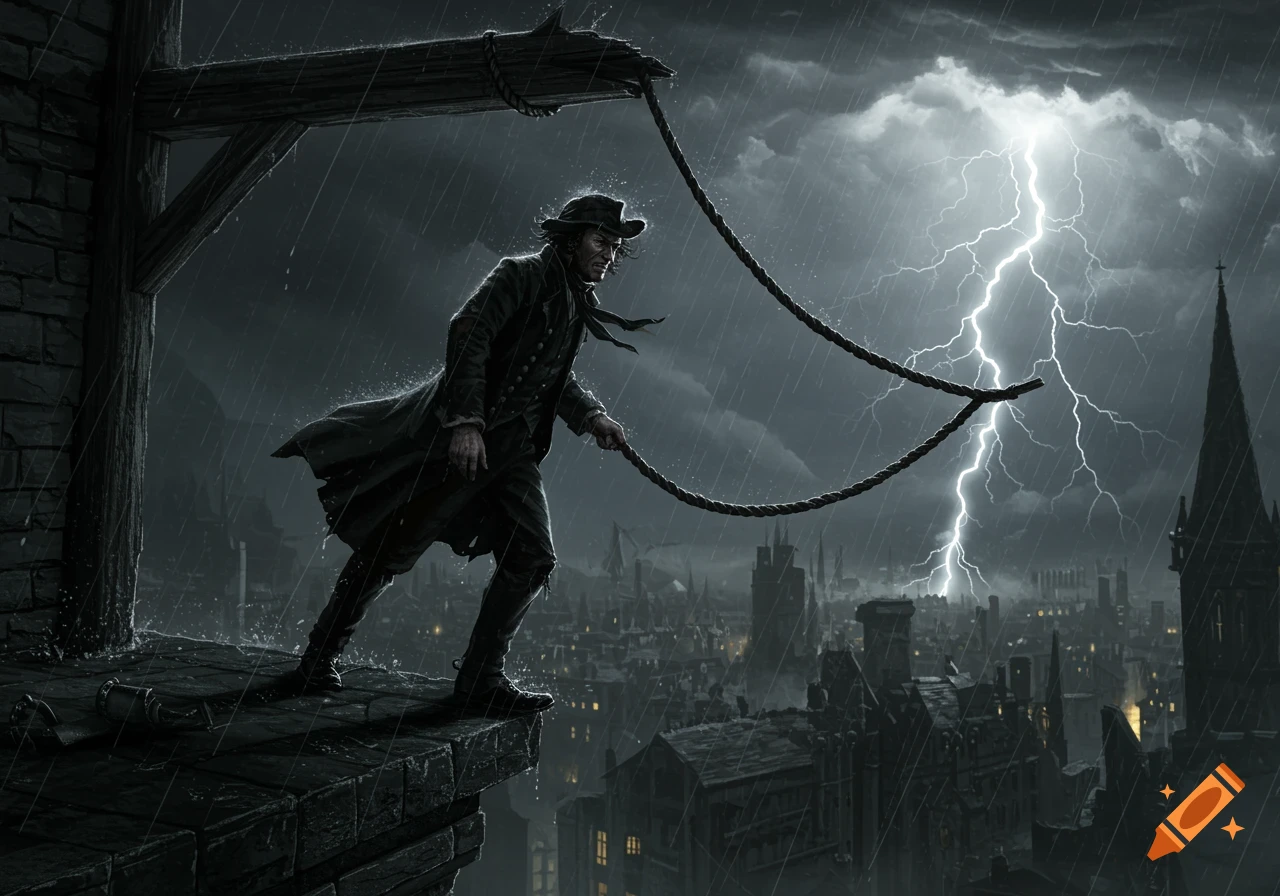 A man in a trench coat and hat stands on a rainy rooftop, holding a rope attached to a wooden beam, with a stormy, lightning-filled sky and a dark city below.