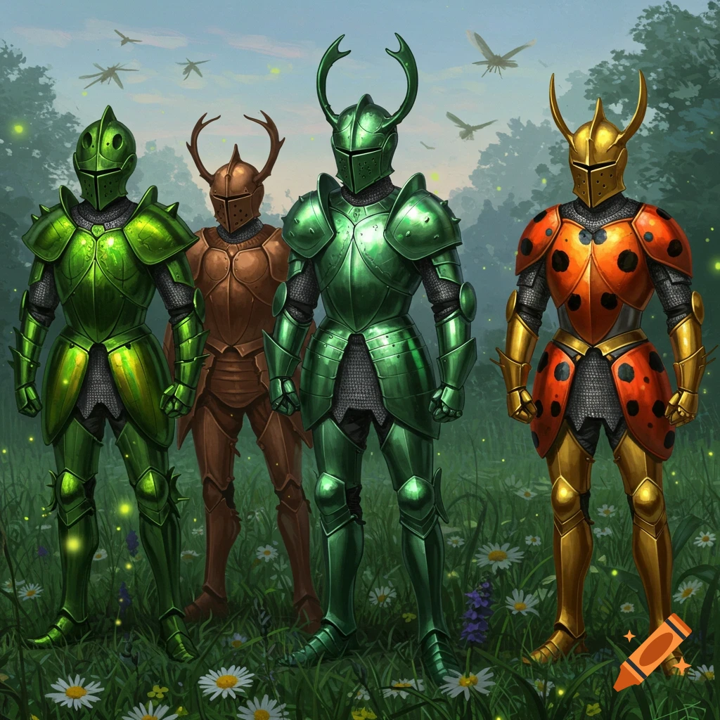 Four knights in bug-themed armor stand in a vibrant green field with daisies and fireflies.