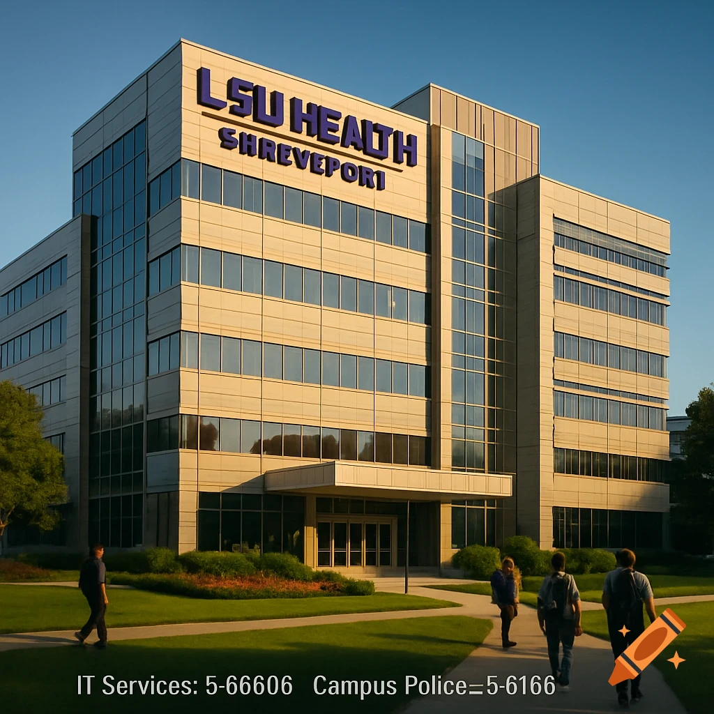 A modern building for LSU Health Shreveport under a clear sky, with people walking on the path in front. Text overlay for IT Services and Campus Police is at the bottom.