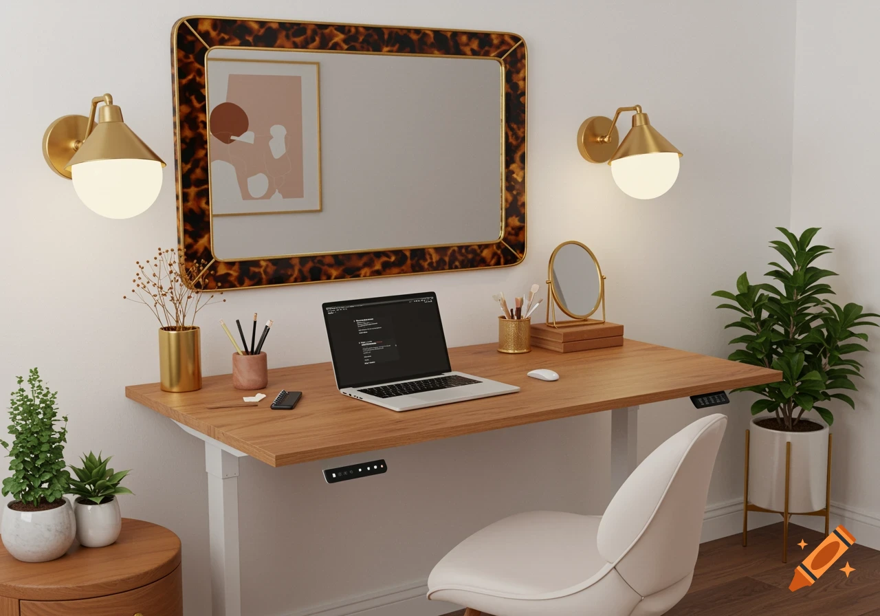 A chic, modern home office setup with a light wood electric standing desk, a laptop, various plants, and a tortoiseshell mirror with gold sconces above.