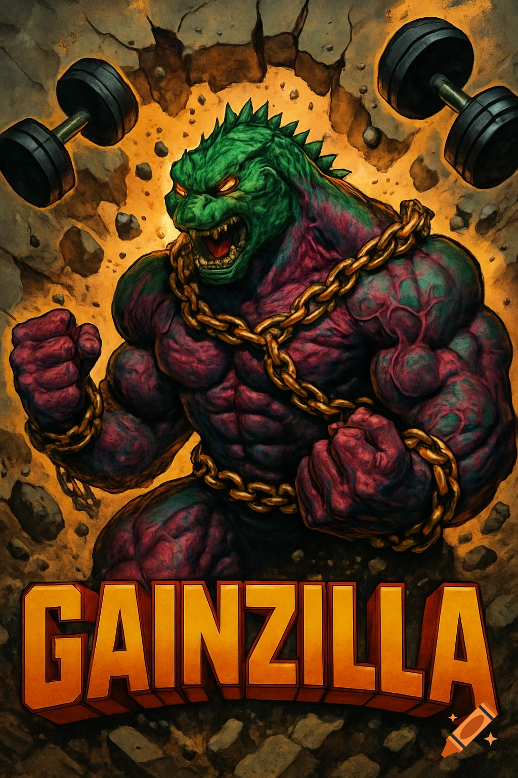 A muscular, green and purple monster, GainZilla, bursts through a cracked wall with flying dumbbells, chains on its arms, in a comic book style. Text reads 'GAINZILLA'.