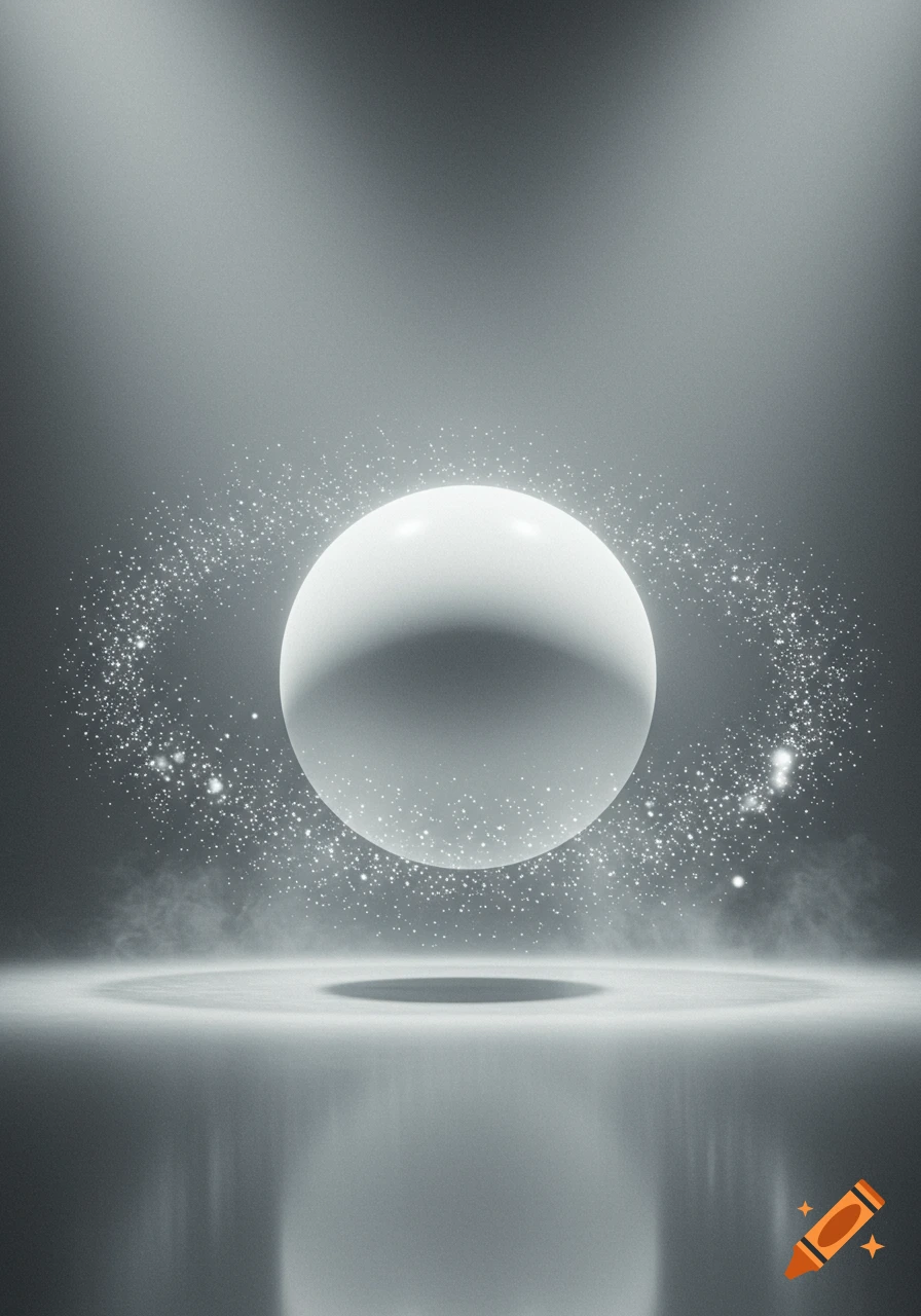 A glowing white sphere floats above a reflective surface, surrounded by sparkling particles and mist, lit from above.