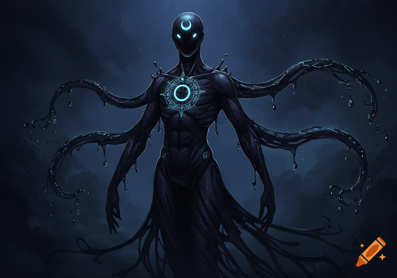 A dark, lithe humanoid creature with glowing blue eyes, a crescent mark on its forehead, and an alchemical circle on its chest, with tendrils dripping liquid.