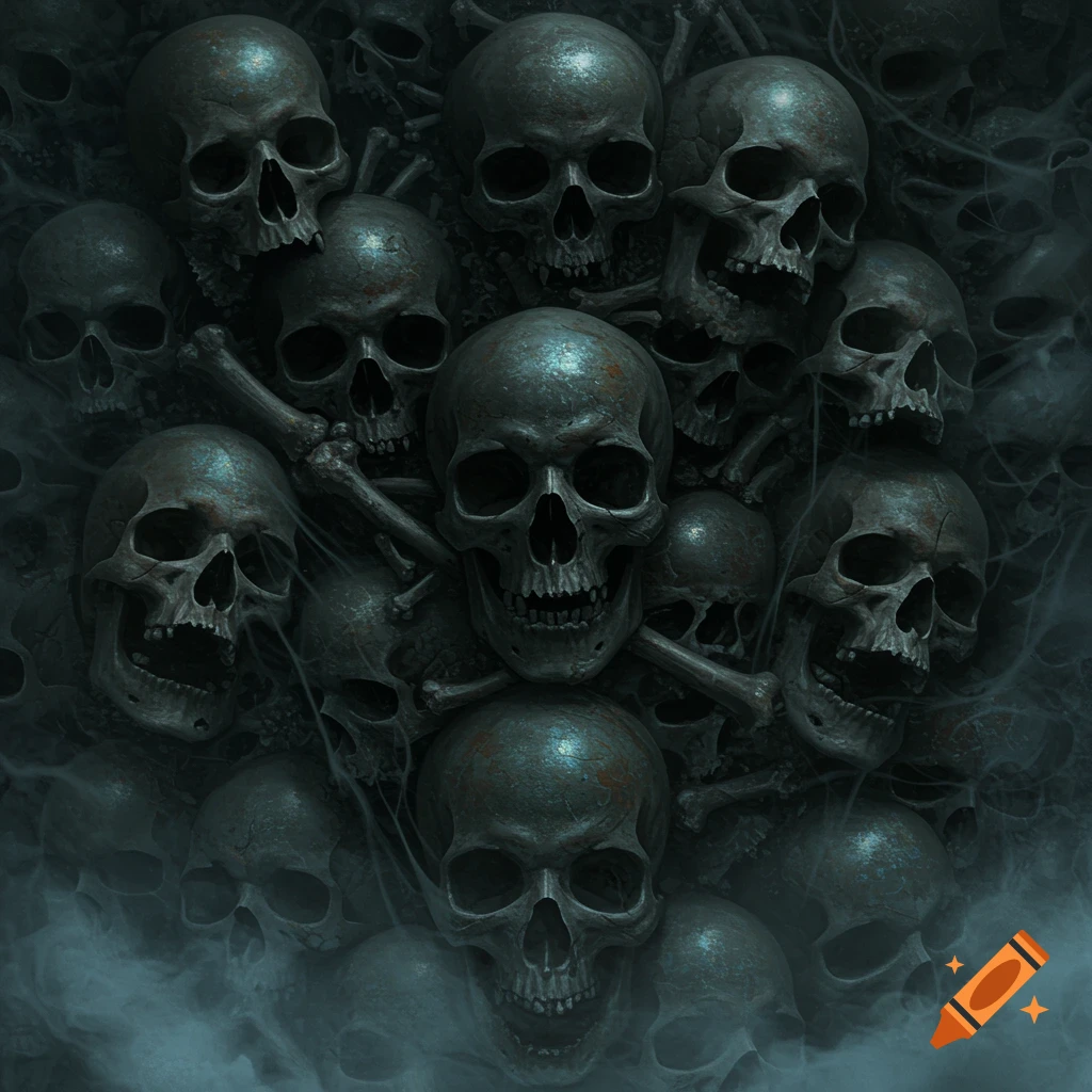 A pile of dark, weathered human skulls and bones in a grim, smoky texture.