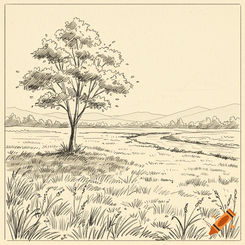 A black and white line art sketch of a landscape with a lone tree in the foreground, fields, and mountains in the background.