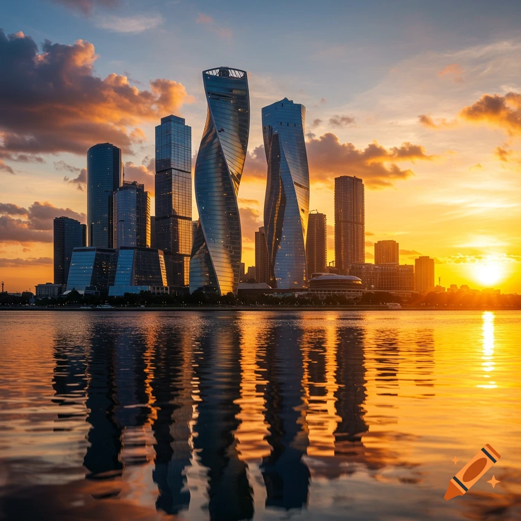 A photorealistic cityscape with modern skyscraper buildings reflecting in the water at sunset.
