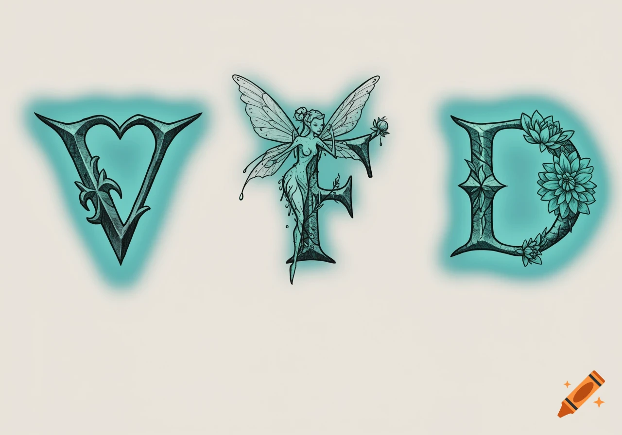 Three stylized letters V, F, and D. The V forms a heart, the F is a fairy, and the D is adorned with dahlia flowers, all with a teal glow.