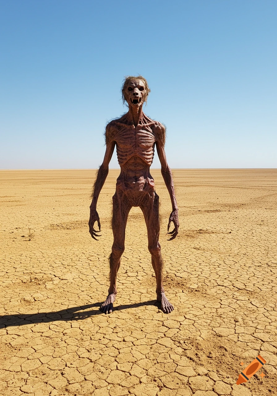 A terrifying, emaciated creature with clawed hands and feet stands in a vast, cracked desert under a clear blue sky. Photorealistic.