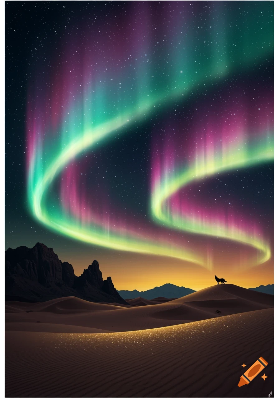 Vibrant aurora borealis over a desert landscape with mountains and a howling wolf silhouette at night.