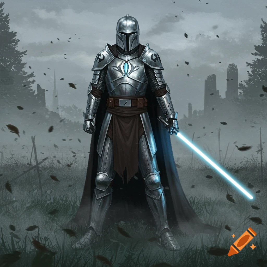 A knight in metallic armor with a glowing blue lightsaber stands in a desolate, misty landscape with ruins.