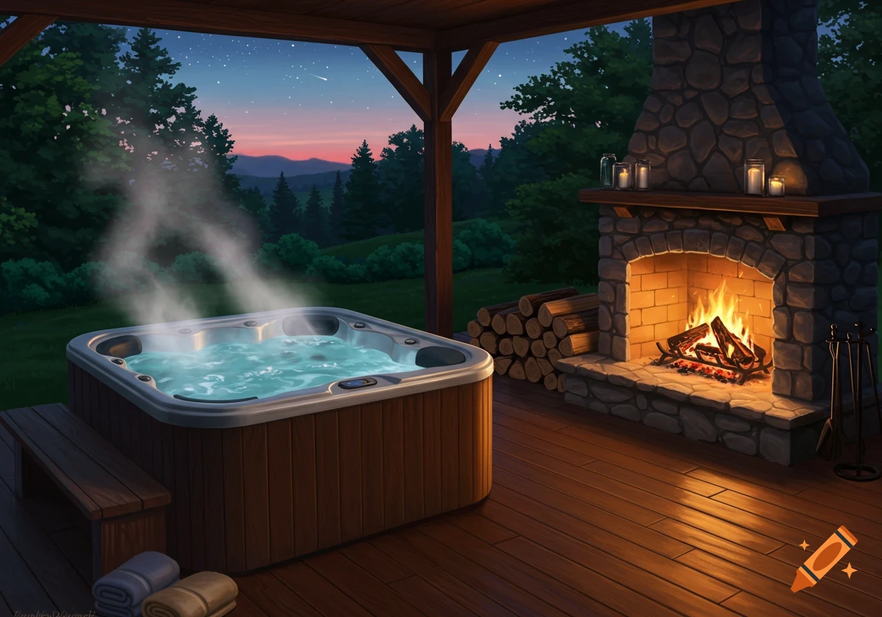 A steaming hot tub and a lit stone fireplace on a wooden patio under a twilight sky with trees and mountains in the background.