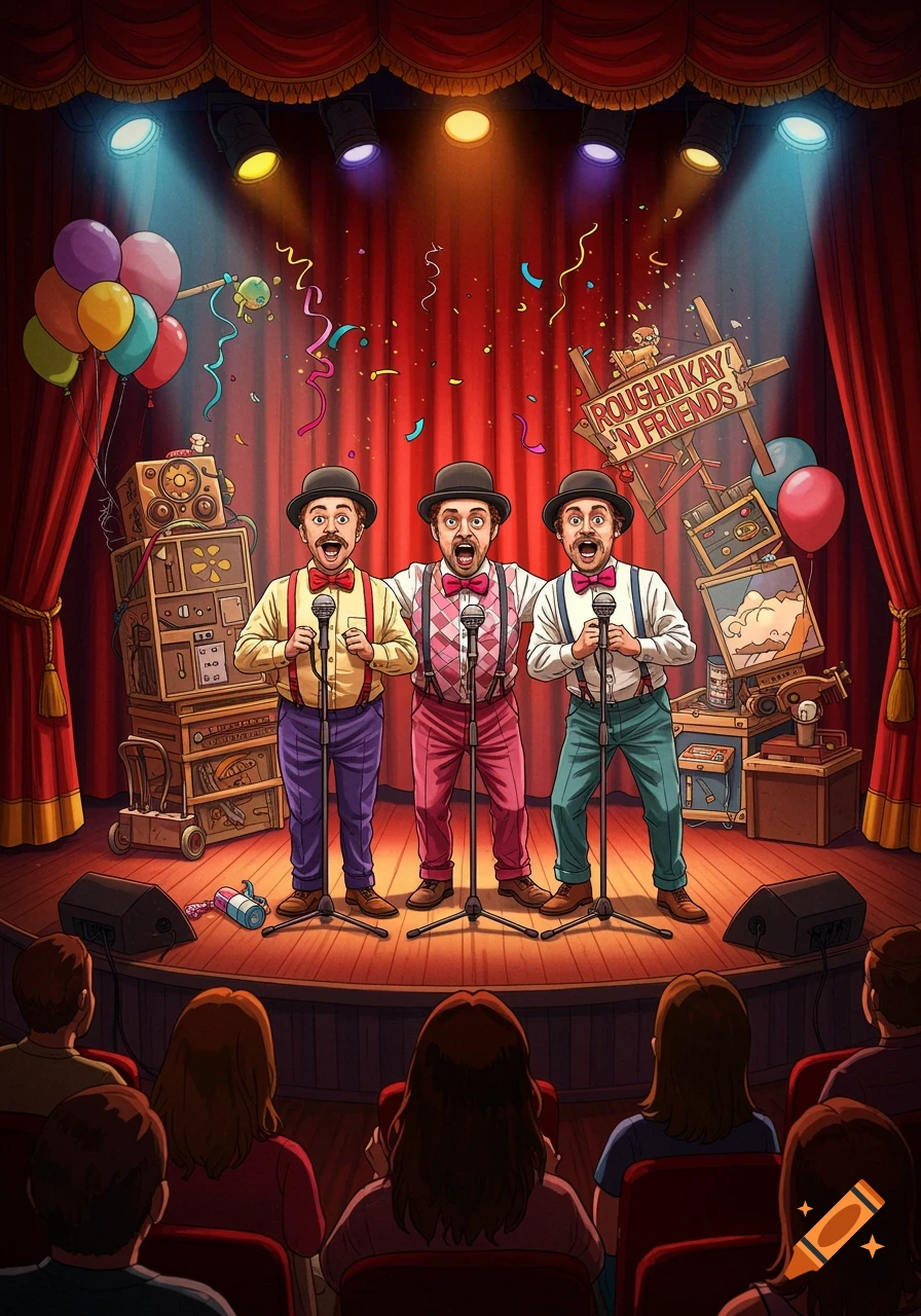 Three cartoon men in bowler hats sing on a brightly lit stage, with confetti falling and an audience watching.