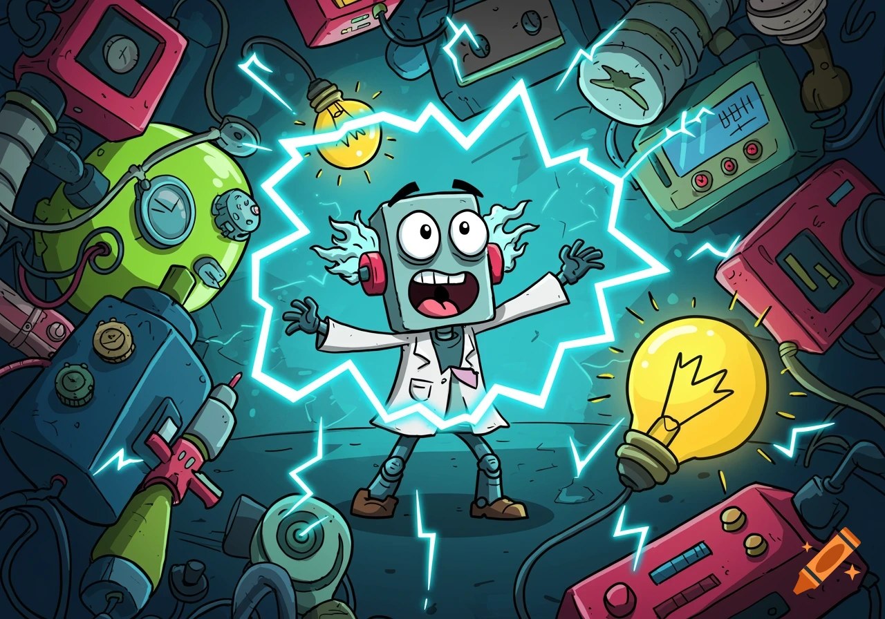 Cartoon robot scientist surrounded by glowing electricity, lightbulbs, and lab equipment in a dark lab.