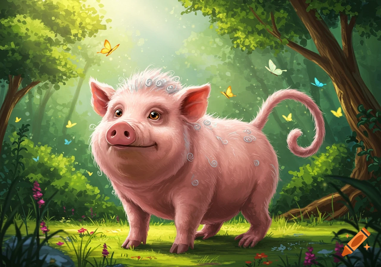 A cute pink pig-like creature with a curly tail stands in a vibrant, lush green forest with colorful butterflies.