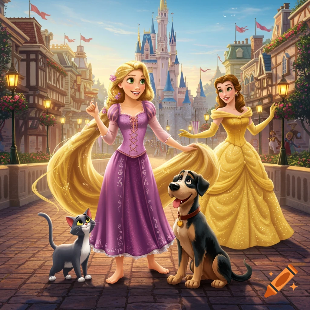 Rapunzel and Belle, a cat and a dog, stand on a paved street in a fairytale town with a grand castle in the background.