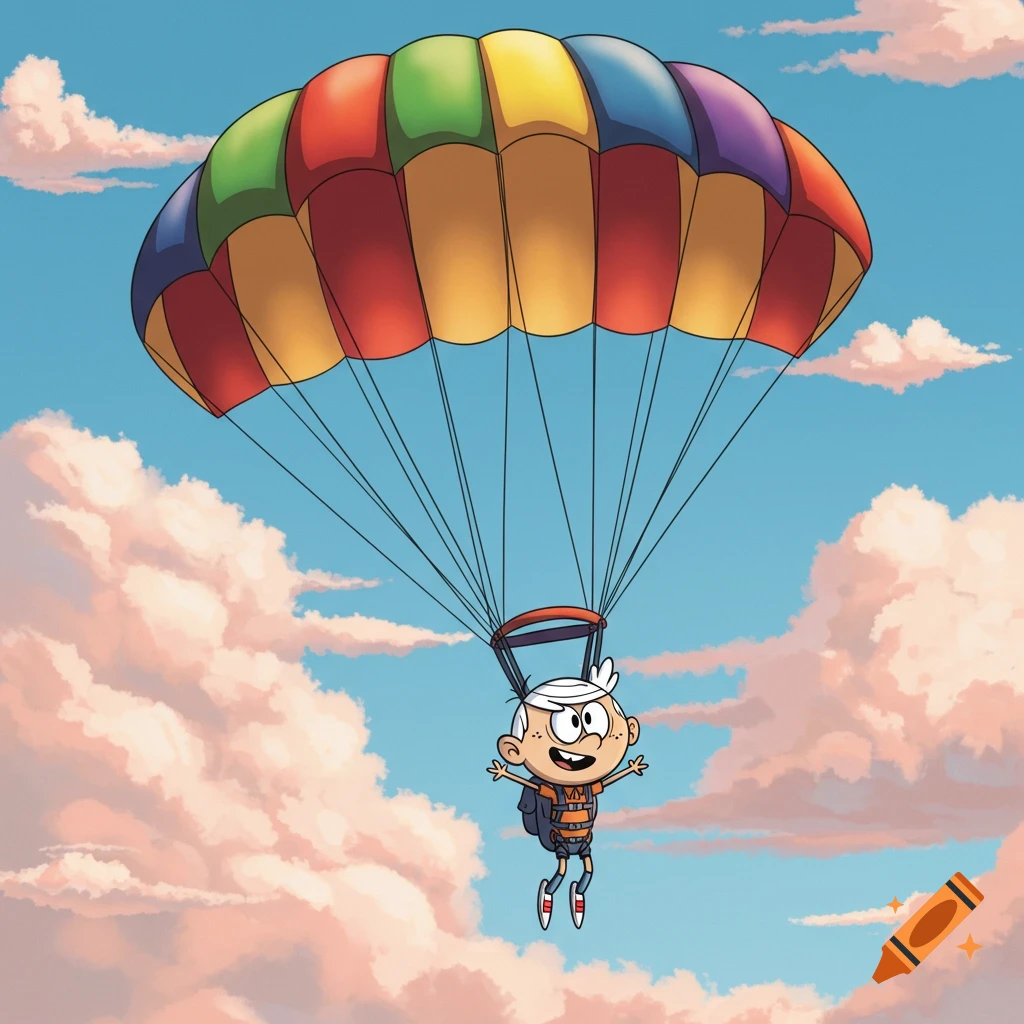 Lincoln Loud, a cartoon boy, smiles widely while parachuting under a colorful rainbow parachute in a bright blue sky with pink clouds.