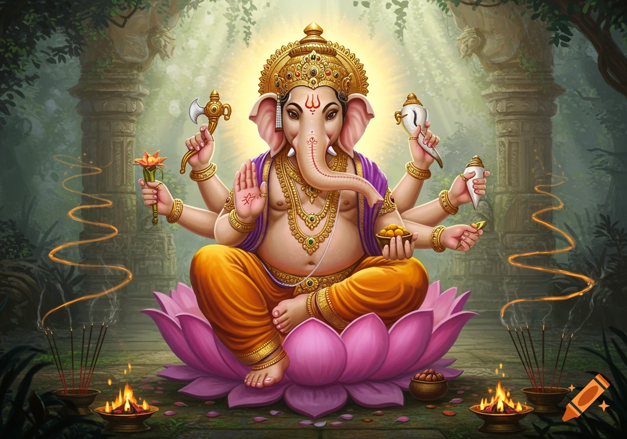 Lord Ganesha with multiple arms sitting on a pink lotus flower in a lush forest with divine light.