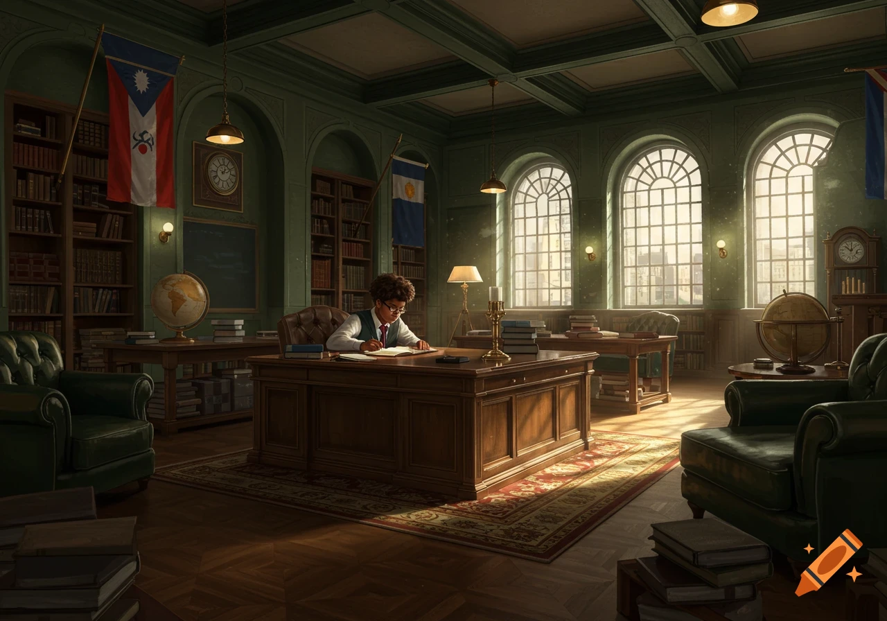 Young student studying at a large wooden desk in a grand, traditional library with bookshelves, a globe, and arched windows.