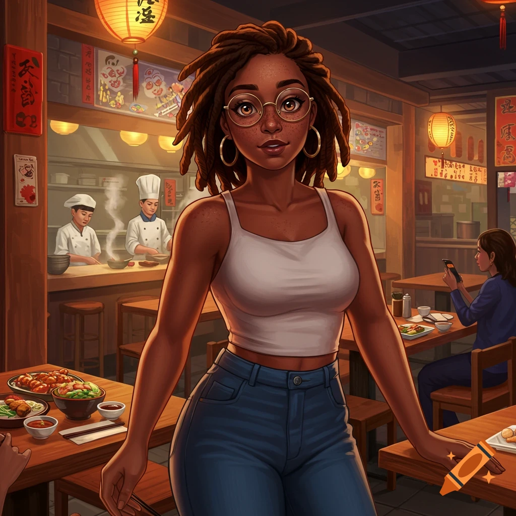 A stylized illustration of a Black woman with dreadlocks and glasses in a white tank top and jeans, standing in a busy Asian restaurant.