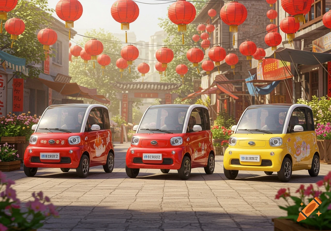 Three cute red and yellow electric cars parked on a cobblestone street decorated with red Chinese lanterns.