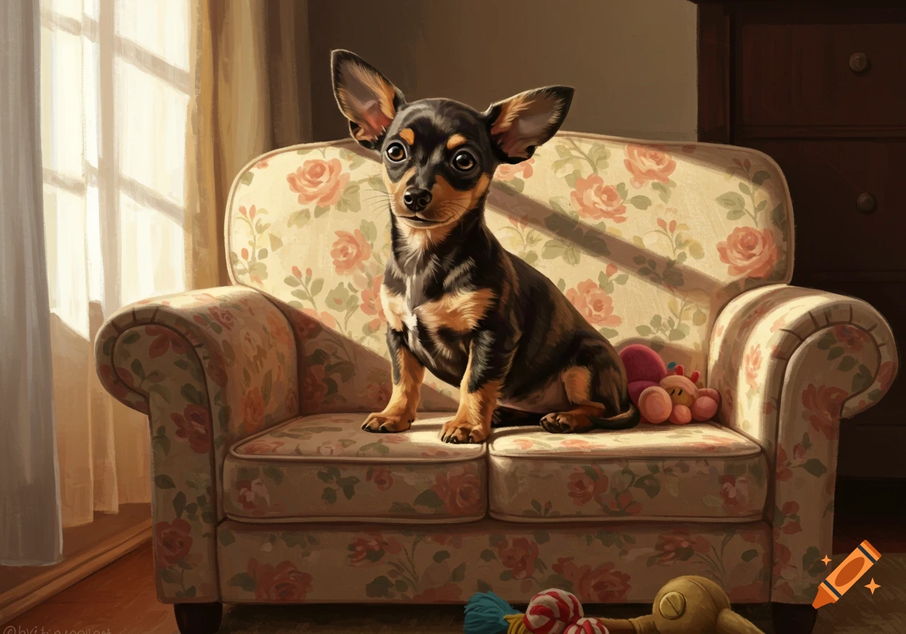 A cute black and tan Chiweenie dog with brindle markings sits on a floral patterned sofa in a sunlit room, illustration style.