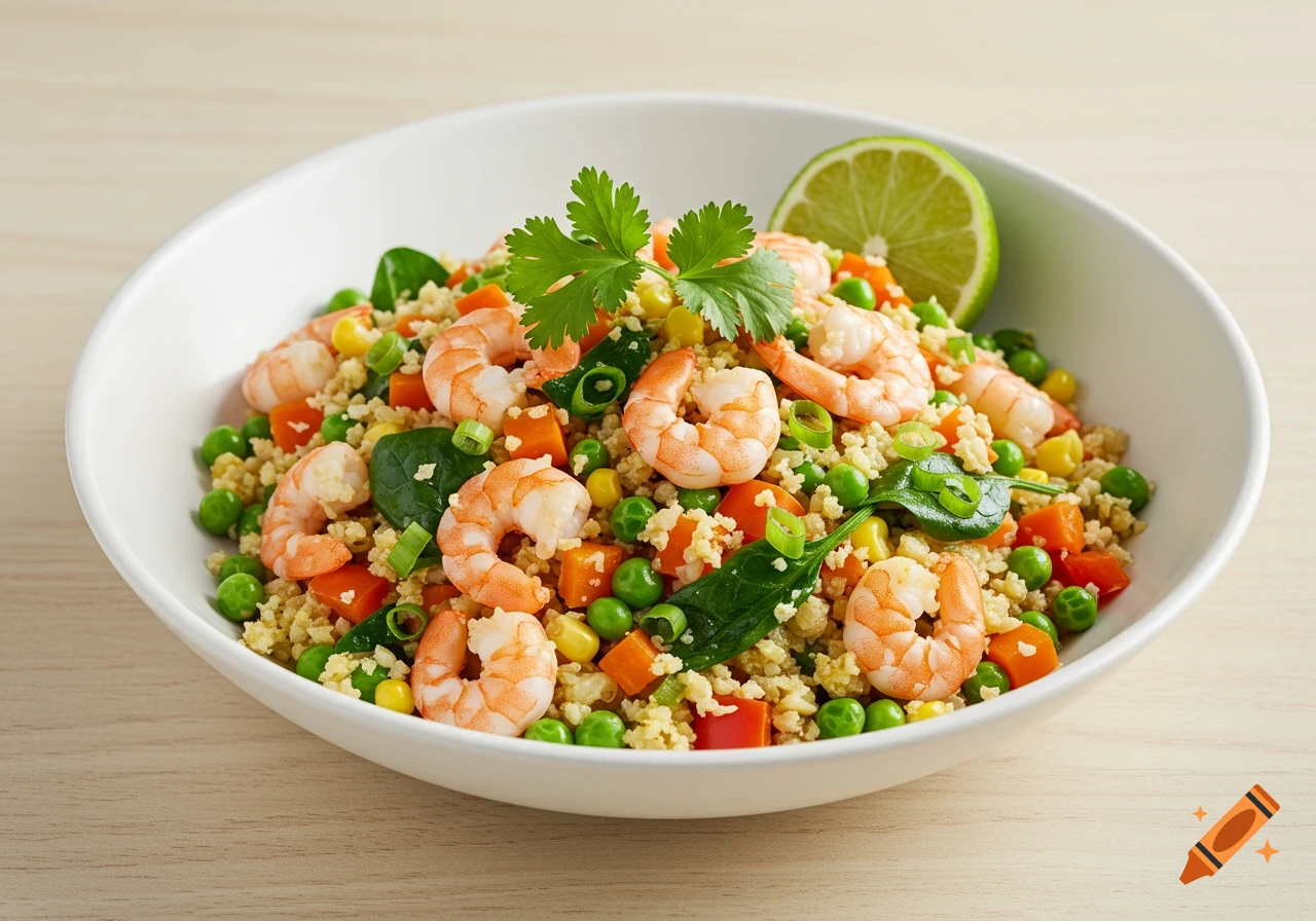 A white bowl filled with colorful shrimp cauliflower fried rice, garnished with cilantro and a lime wedge on a wooden table.