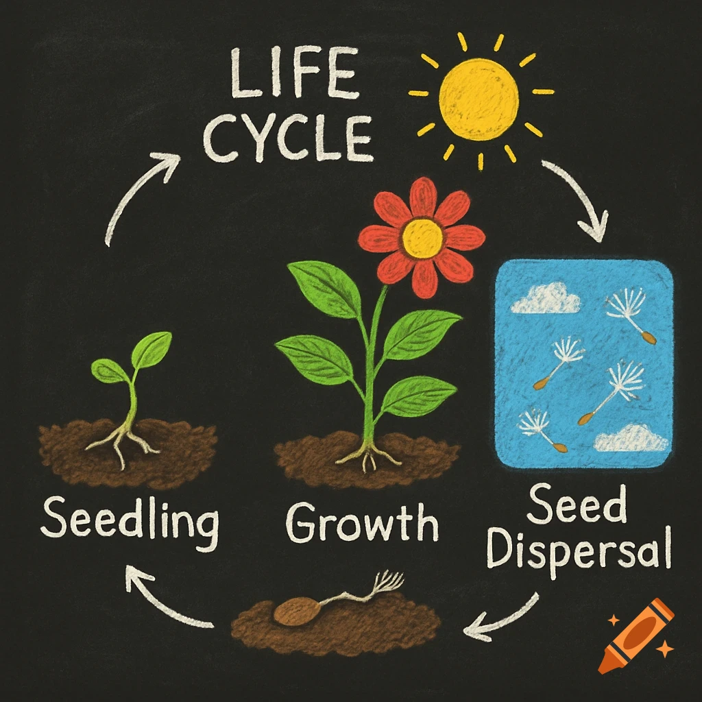 Chalk drawing on a blackboard illustrating the plant life cycle: seed, seedling, growth, flowering plant, and seed dispersal.
