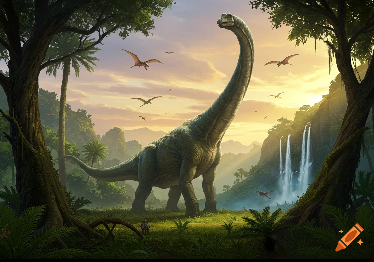 A large Brachiosaurus stands in a lush prehistoric jungle with palm trees and waterfalls at sunset, with pterosaurs flying in the sky.